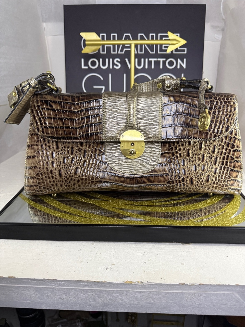 Brahmin Croc-Embossed Shoulder Bag in Two-Tone Brown with Gold Hardware